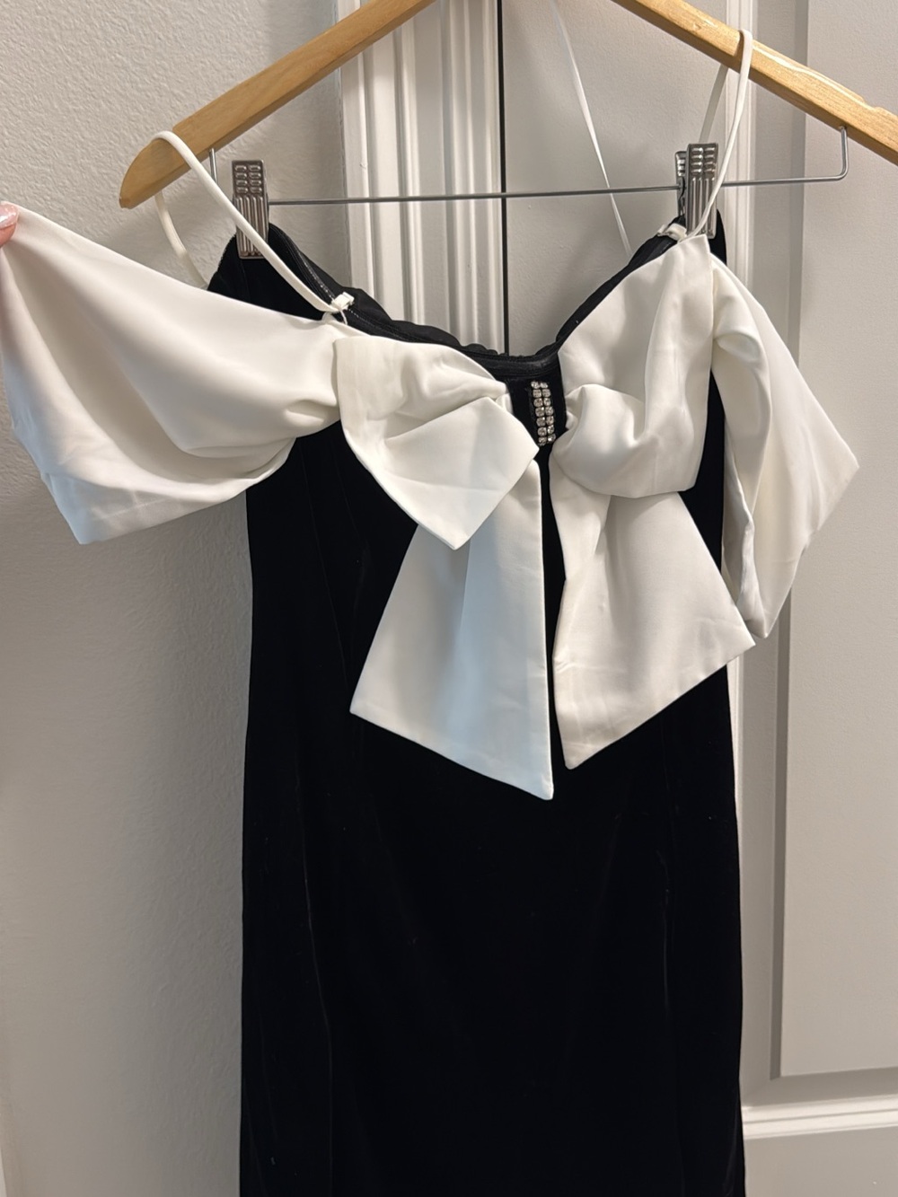 Black Velvet Dress with White Bow Accent